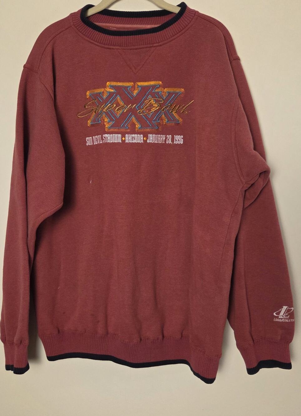 Vintage Logo Athletic 1996 Super Bowl XXX NFL Crewneck Sweatshirt Maroon L